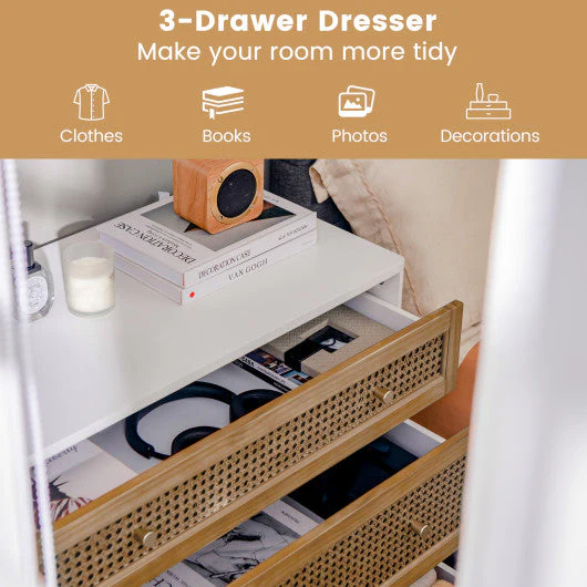 3-Drawer Rattan Dresser Chest With Anti-Toppling Device-Brown - Kaedas