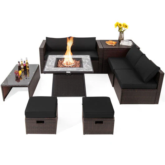 9 Pieces Patio PE Wicker Sectional Set With 50000 BTU Fire Pit Table-Black - Kaedas