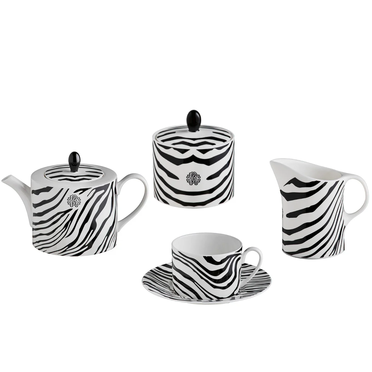 Roberto Cavalli Home Zebra Tea Cup and Saucer, Creamer, Tea Pot, and Sugar Pot Bundle - Kaedas