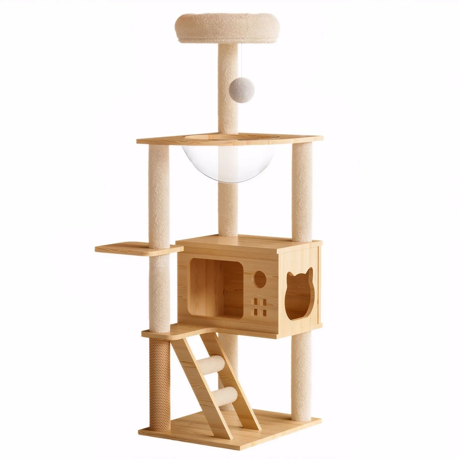 Modern Cat Tower, Wood Cat Tree Tower for Indoor Cats, Cat Tree With Sisal Covered Scratching Posts and Top Perch - Natural / White - Kaedas
