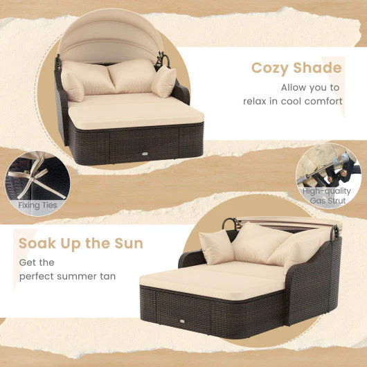 Patio PE Rattan Daybed With Retractable Canopy and Soft Cushions-Beige - Kaedas