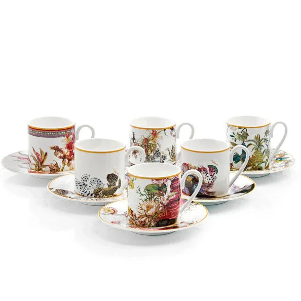 Coffee Cup & Saucer FLOWERS Set of 6 in Luxury Box - Kaedas