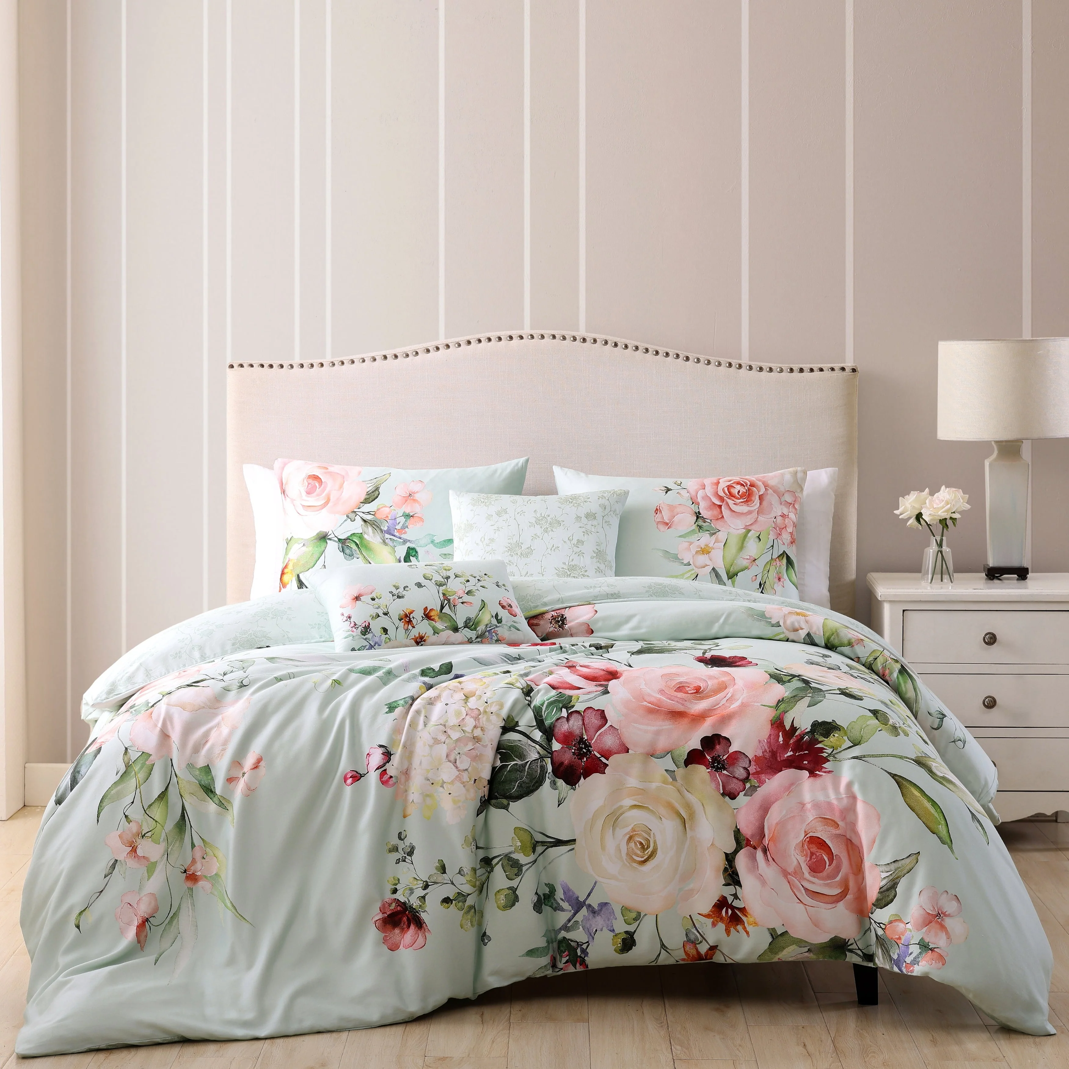 Bebejan Rose on Misty Green 5 Piece Reversible Comforter Set - Kaedas
