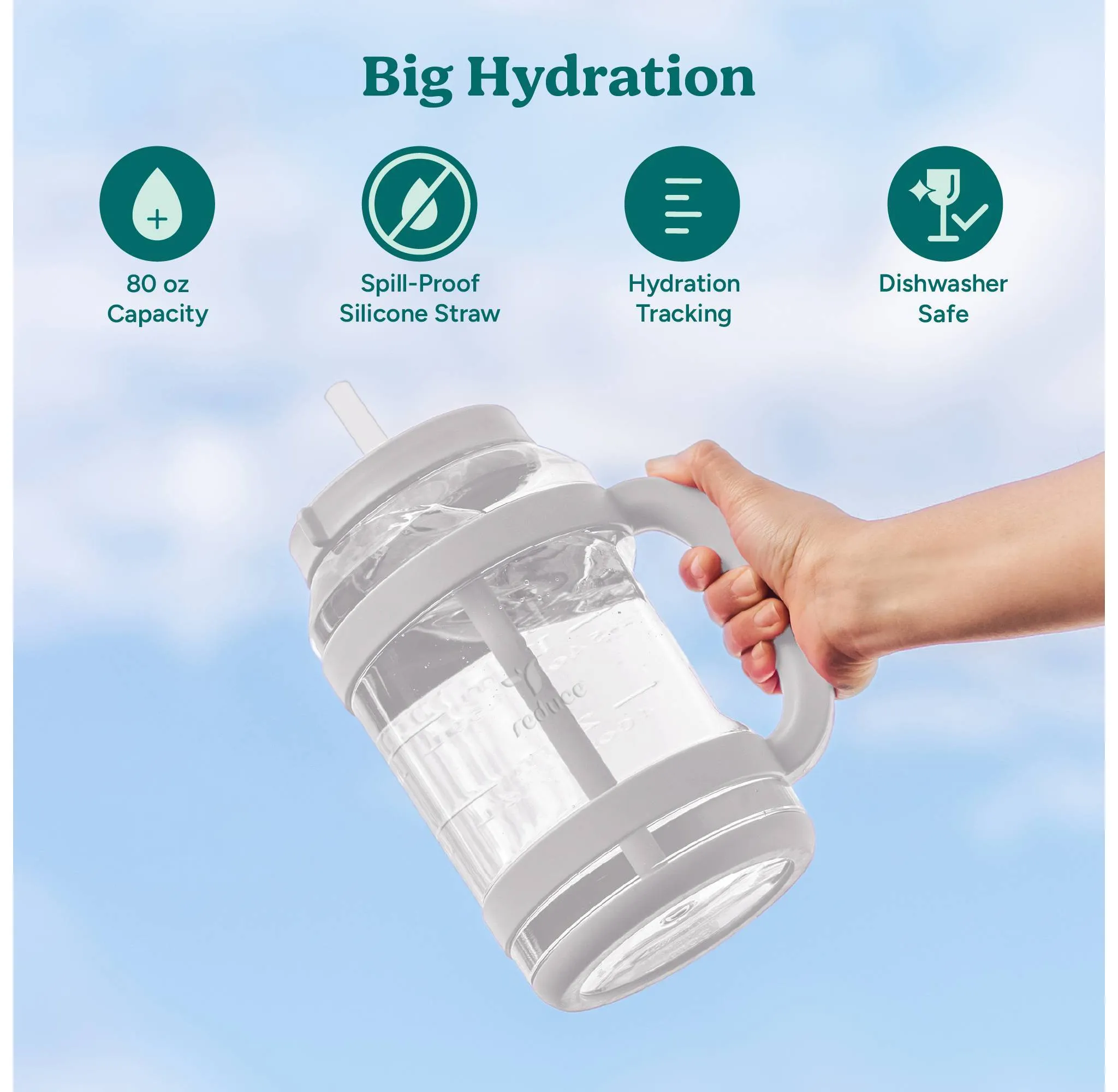 Reduce 80oz Tritan Waterday Mug Glacier: Portable Drinkware with Twist-Off Lid & Straw, Dishwasher-Safe - Kaedas