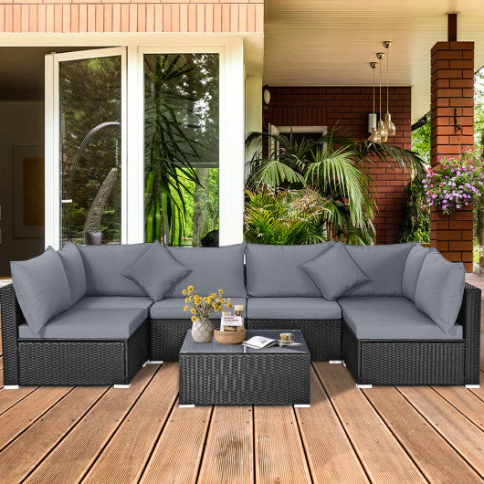 7 Pieces Sectional Wicker Furniture Sofa Set With Tempered Glass Top Coffee Table-Gray - Kaedas