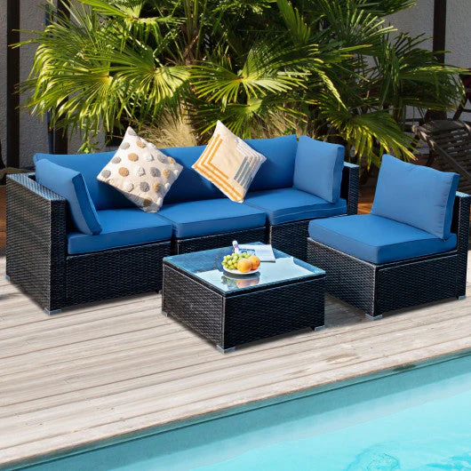 5 Pieces Cushioned Patio Rattan Furniture Set With Glass Table-Navy - Kaedas