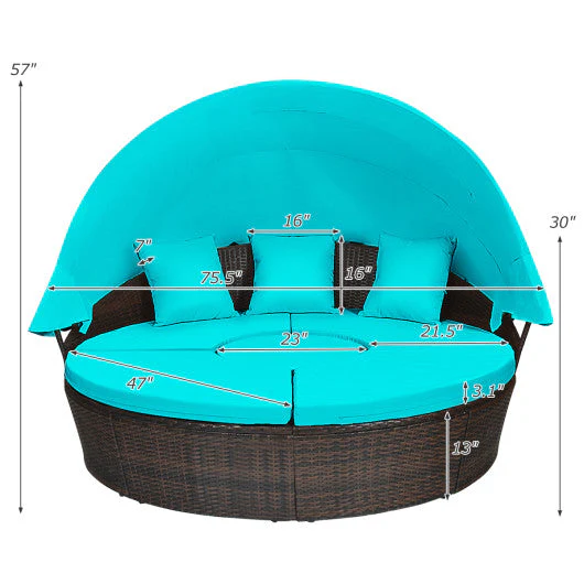 Patio Round Rattan Daybed With Retractable Canopy and Height Adjustable Coffee Table-Turquoise - Kaedas