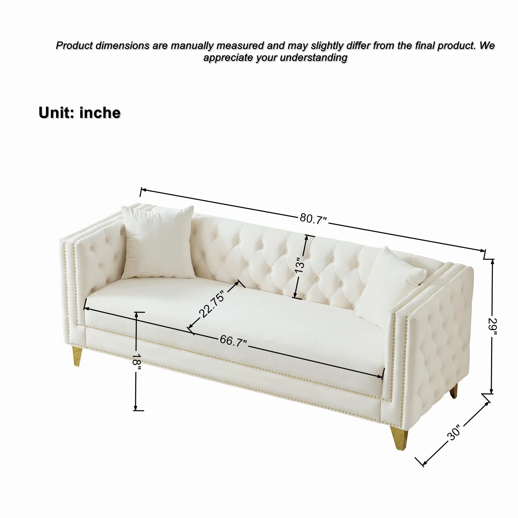 3 Seater Deep Seat Sofa, Sofa With Button Nailhead, Square Arm Couches, Furniture for Living Room - Beige - Kaedas