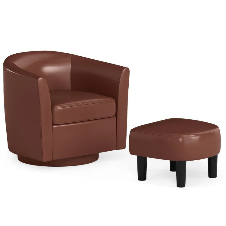 Modern Club Swivel Accent Chair With Ottoman Footrest Curved Backrest-Brown - Kaedas