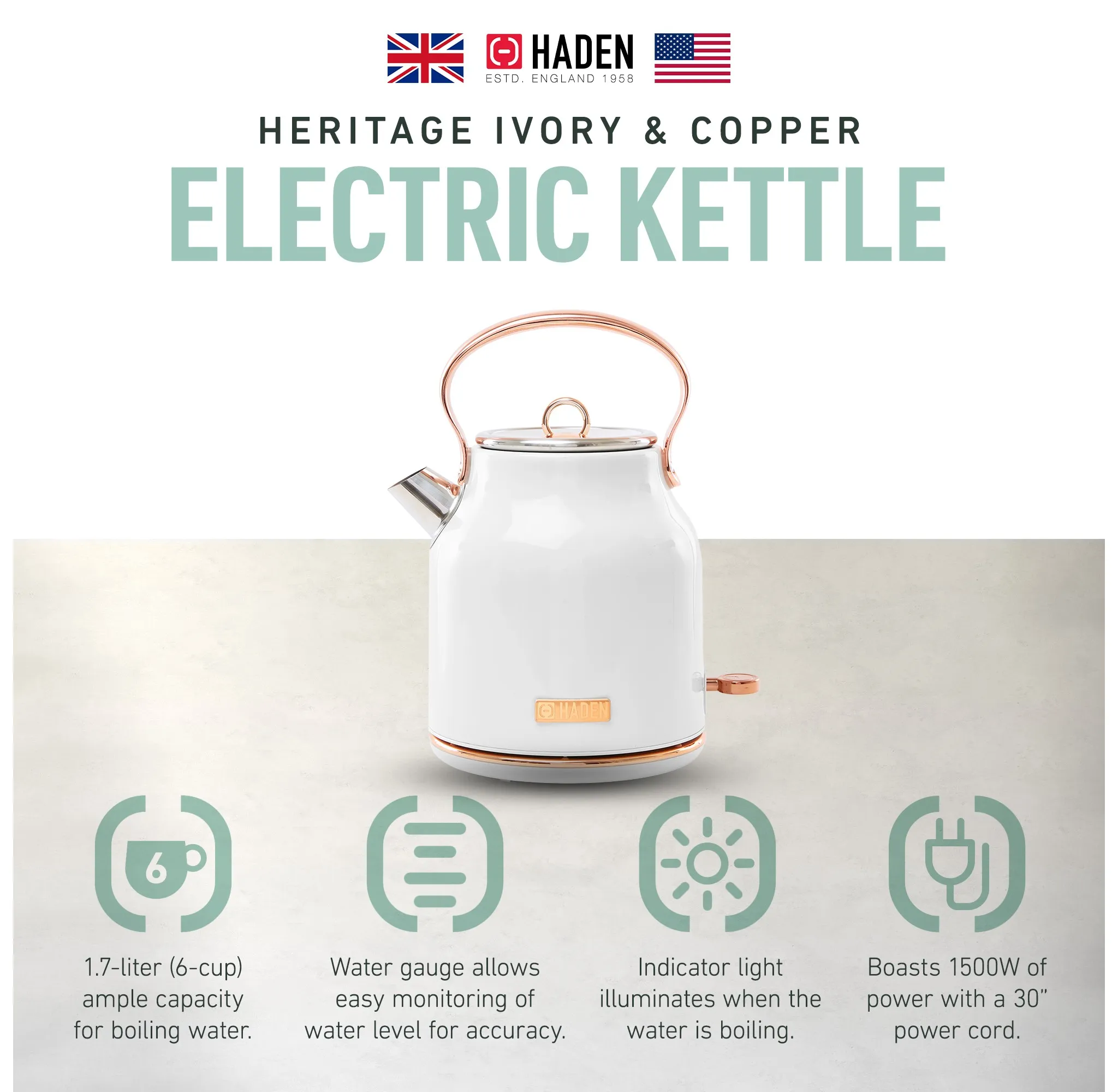 Heritage 1.7 Liter Stainless Steel Electric Kettle, Hot Water Kettle with 360-Degree Base and Auto Shutoff, Ivory & Copper - Kaedas
