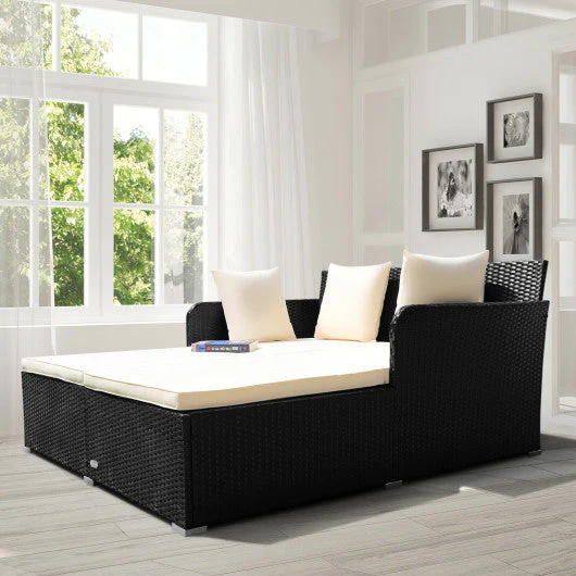 Spacious Outdoor Rattan Daybed With Upholstered Cushions and Pillows-White - Kaedas
