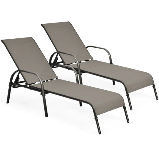 2 Pcs Outdoor Patio Lounge Chair Chaise Fabric With Adjustable Reclining Armrest-Brown - Kaedas