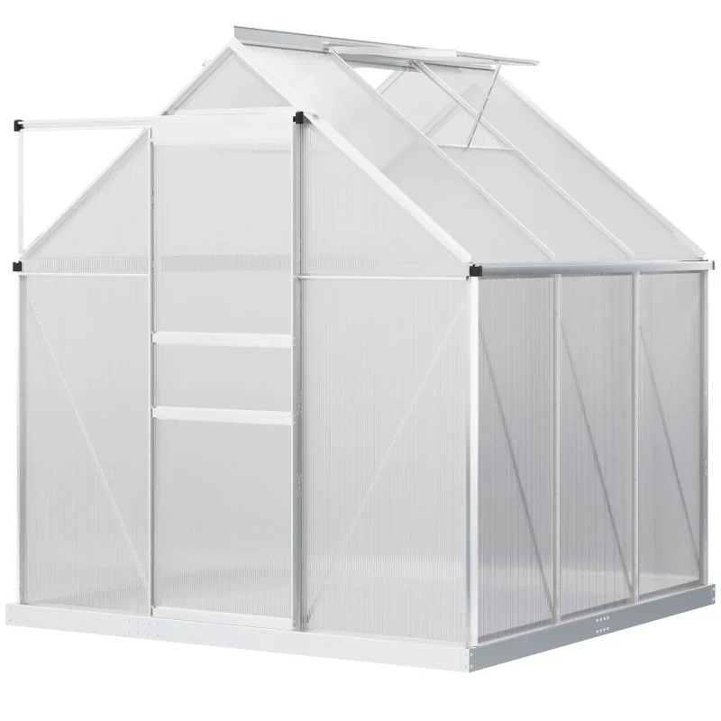 Outsunny 6' x 6' x 6.5' Polycarbonate Greenhouse with Aluminum Frame, Walk-in Heavy Duty Green House with Adjustable Roof Vent, Rain Gutter and Sliding Door for Winter - Silver - Kaedas