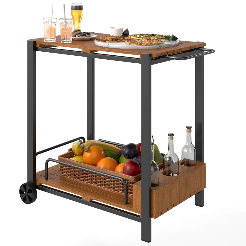 Outsunny Acacia Wood Outdoor Bar Cart with Wheels - Teak - Kaedas