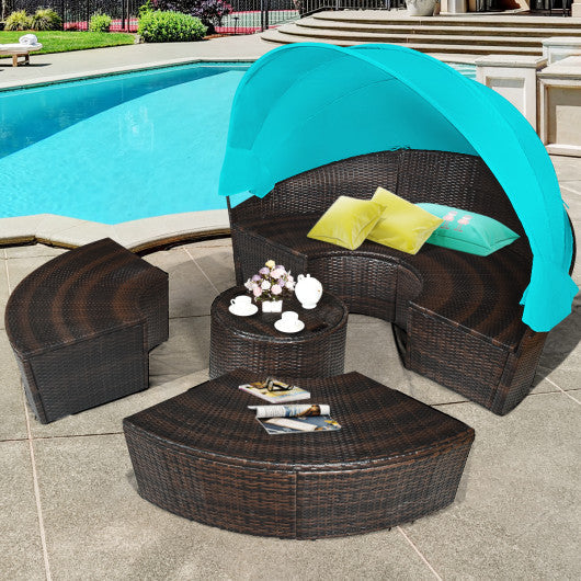 Patio Round Rattan Daybed With Retractable Canopy and Height Adjustable Coffee Table-Turquoise - Kaedas