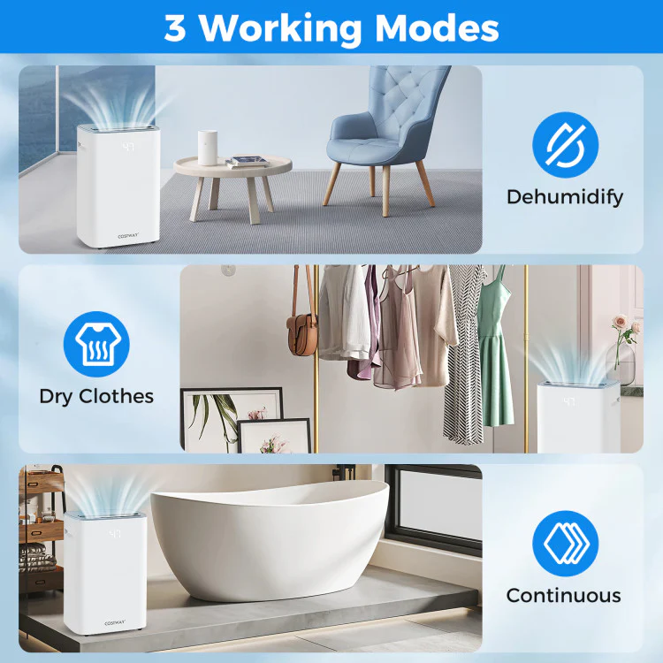 Dehumidifier With Auto Drain or Manual Drainage for Home Basement-White - Kaedas