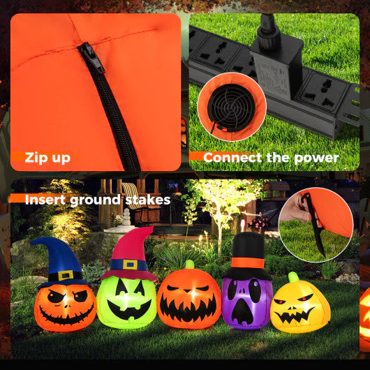 9 Feet Inflatable Pumpkin Patch Family With Built-in LED Lights and Witch Hats - Kaedas