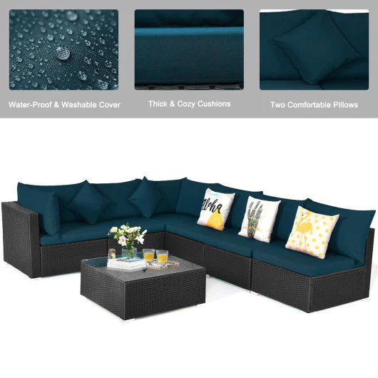 7 Pieces Sectional Wicker Furniture Sofa Set With Tempered Glass Top-Peacock Blue - Kaedas