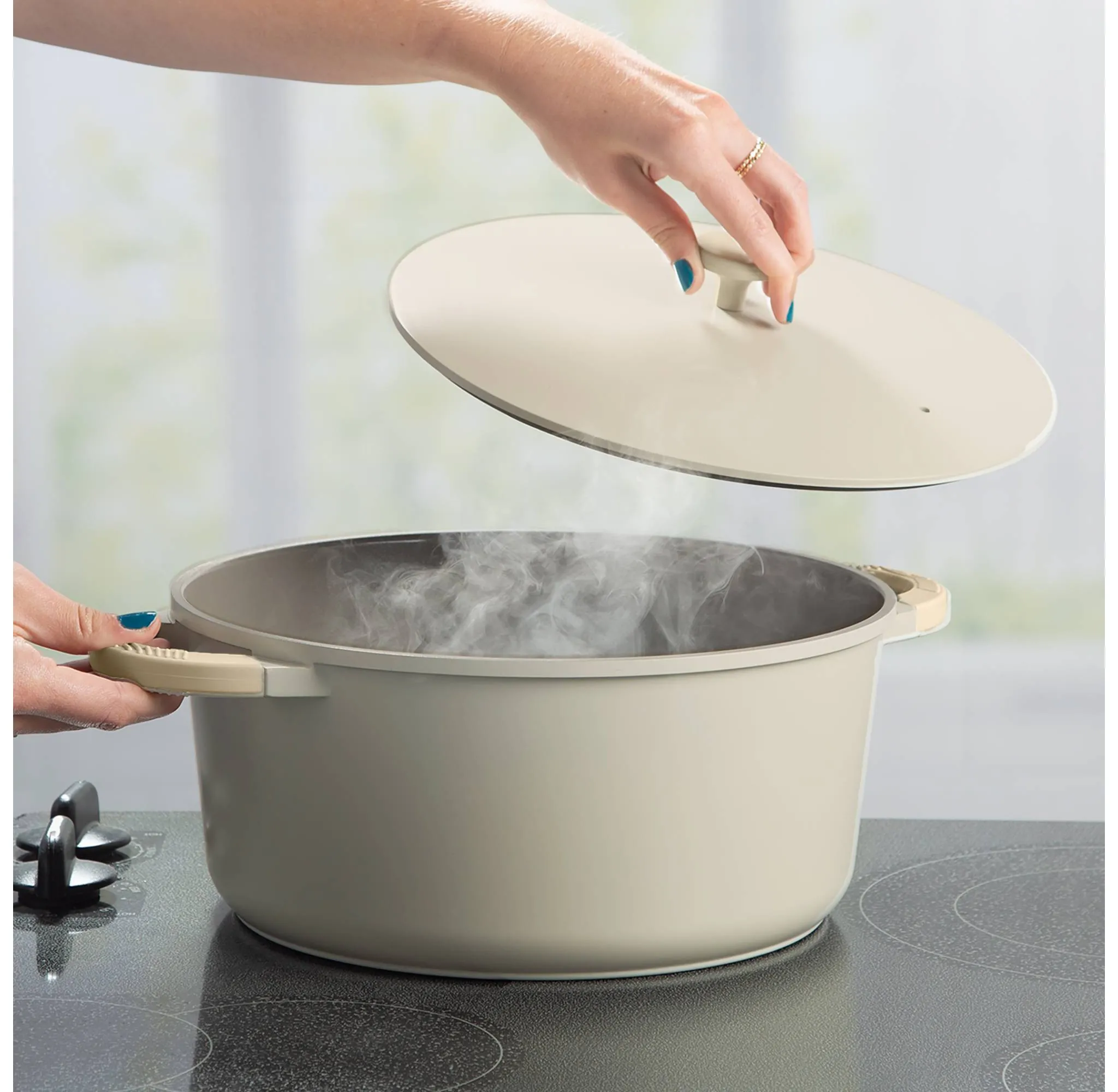 7qt Cast Aluminum, Ceramic Stock Pot with Lid, Side Handles and Silicone Grip Cream: Dishwasher-Safe Cooking Pot - Kaedas