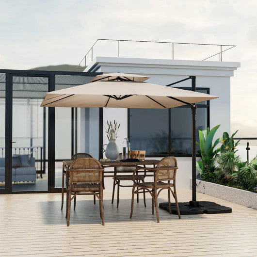 9.5 Feet Cantilever Patio Umbrella With 360¡ã Rotation and Double Top-Beige - Kaedas