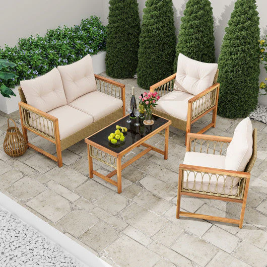 4 Pieces Outdoor Patio PE Wicker Conversation Bistro Set With Acacia Wood Frame-Brown - Kaedas