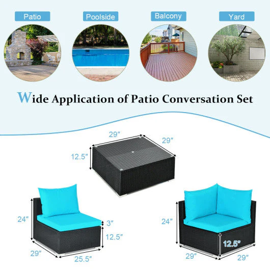 7-Piece Outdoor Sectional Wicker Patio Sofa Set With Tempered Glass Top-Blue - Kaedas