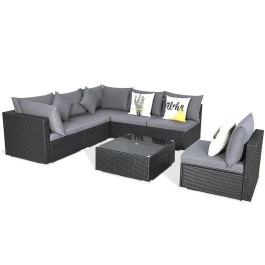 7 Pieces Sectional Wicker Furniture Sofa Set With Tempered Glass Top Coffee Table-Gray - Kaedas