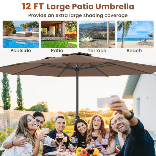 12 Feet Patio Umbrella With Crank Handle and 8 Sturdy Ribs-Coffee - Kaedas