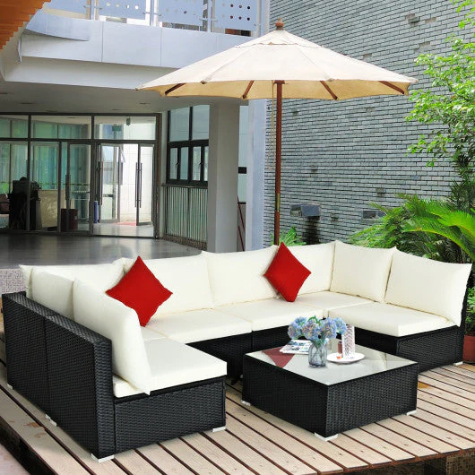 7-Piece Outdoor Sectional Wicker Patio Sofa Set With Tempered Glass Top-Beige - Kaedas