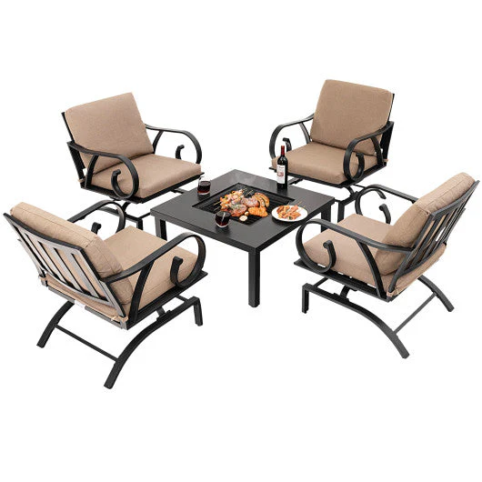 5 Pieces Patio Rocking Chairs and 4-in-1 Fire Pit Table With Fire Poker - Kaedas