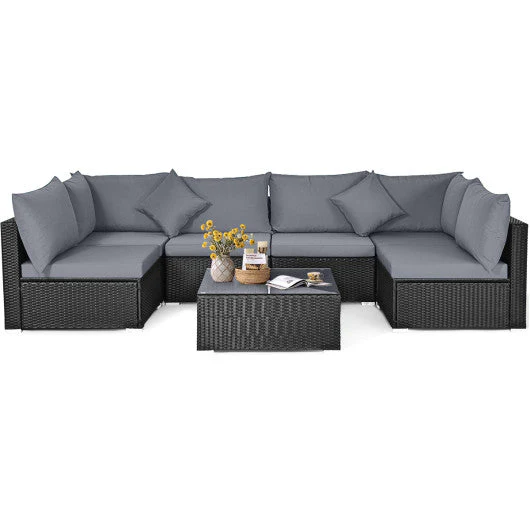 7 Pieces Sectional Wicker Furniture Sofa Set With Tempered Glass Top Coffee Table-Gray - Kaedas