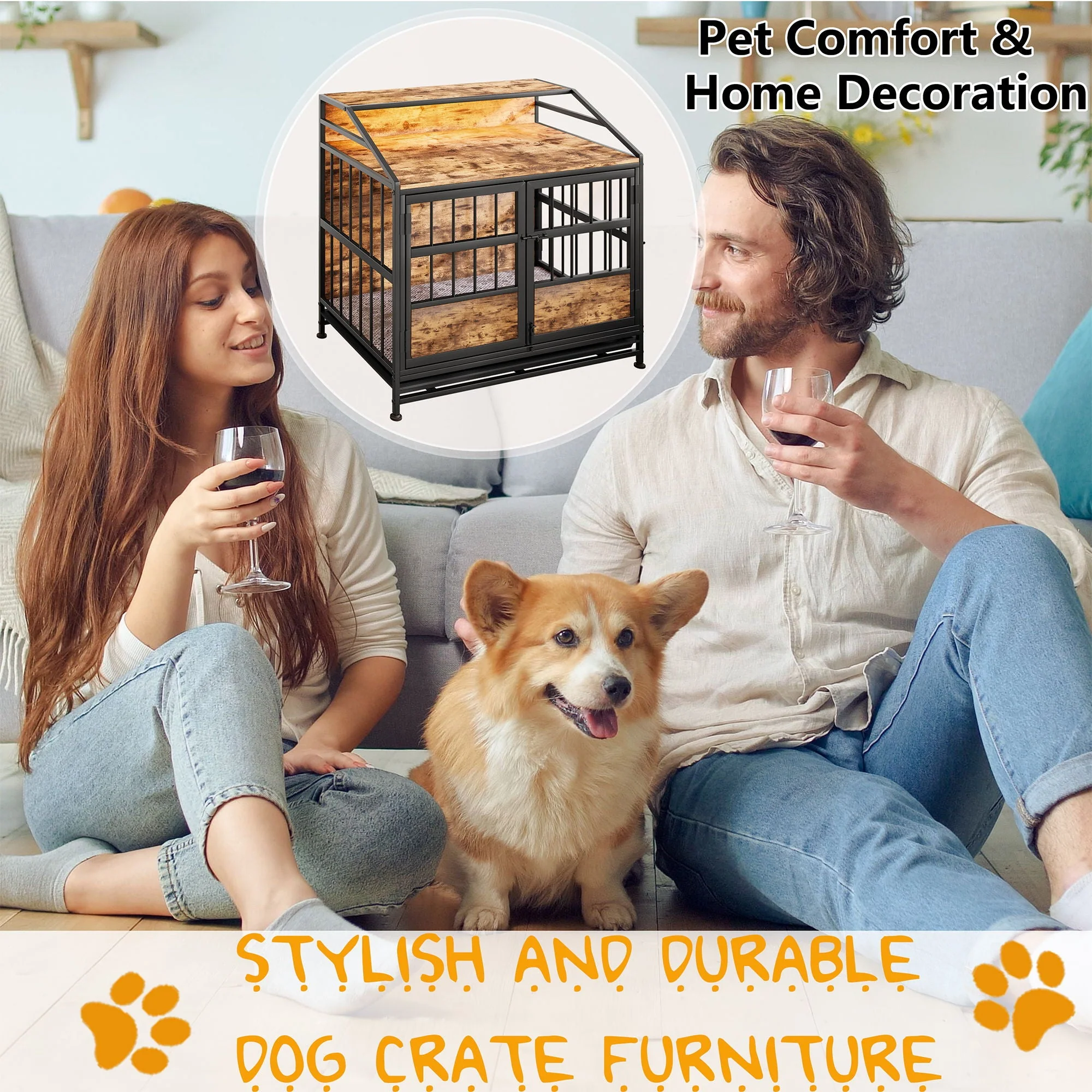 Multi Function Dog Crates With Storage, Double Doors, Indoor Dog Crate - Black Brown - Kaedas