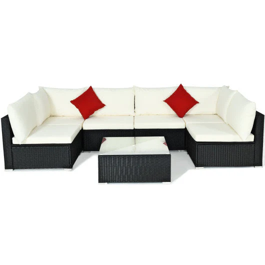 7-Piece Outdoor Sectional Wicker Patio Sofa Set With Tempered Glass Top-Beige - Kaedas