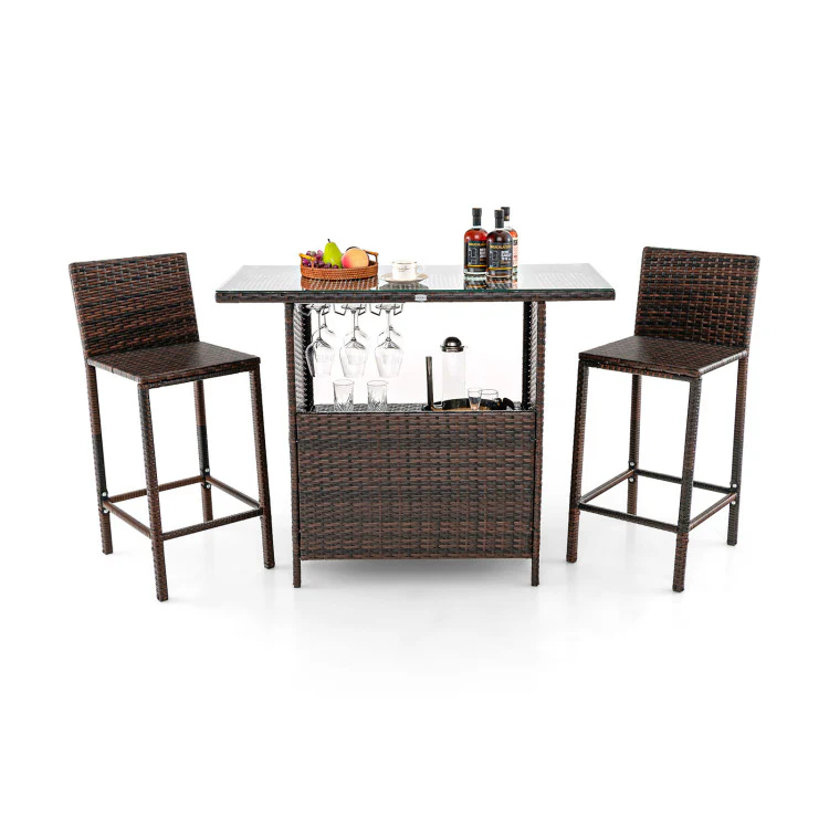 3 Pieces Outdoor Wicker Bar Set With 3 Rows Stemware Racks - Kaedas