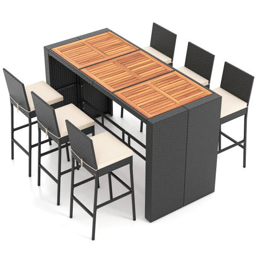 7 Pieces Patio Rattan Bar Set With Seat Cushions for Porch Yard Garden - Kaedas
