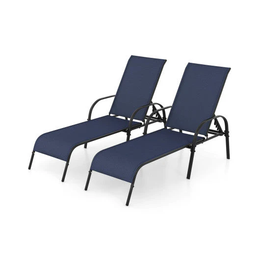 2 Pcs Outdoor Patio Lounge Chair Chaise Fabric With Adjustable Reclining Armrest-Navy - Kaedas