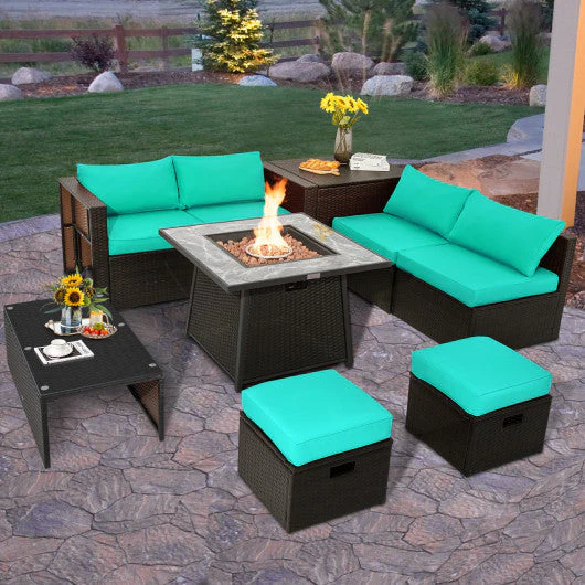 9 Pieces Patio PE Wicker Sectional Set With 50000 BTU Fire Pit Table-Turquoise - Kaedas
