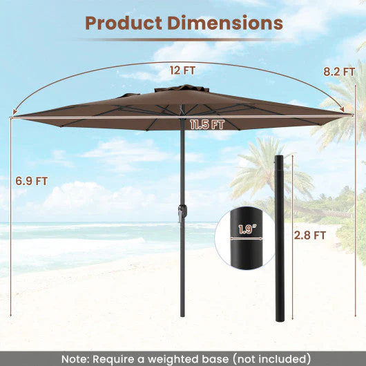 12 Feet Patio Umbrella With Crank Handle and 8 Sturdy Ribs-Coffee - Kaedas