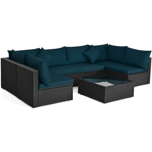 7 Pieces Sectional Wicker Furniture Sofa Set With Tempered Glass Top-Peacock Blue - Kaedas