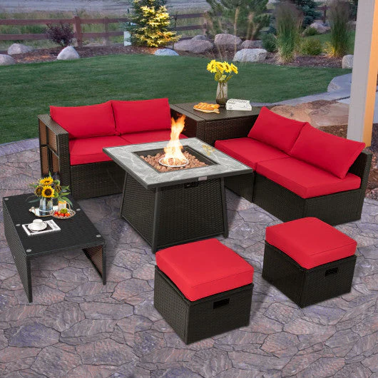 9 Pieces Patio PE Wicker Sectional Set With 50000 BTU Fire Pit Table-Red - Kaedas