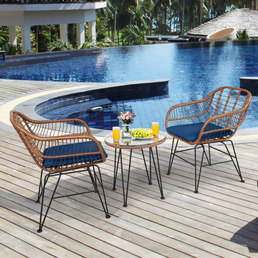 3 Pieces Patio Rattan Bistro Set With Cushion-Navy - Kaedas