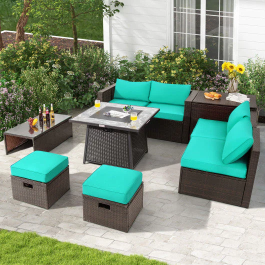 9 Pieces Patio PE Wicker Sectional Set With 50000 BTU Fire Pit Table-Turquoise - Kaedas