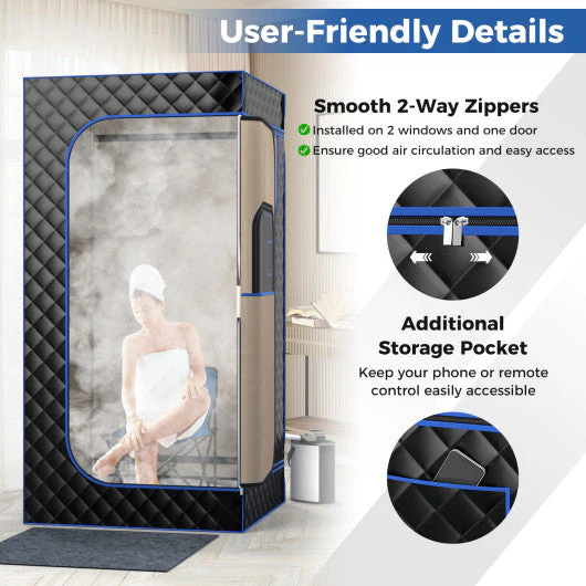 Portable Steam Sauna With 3L Steam Generator Remote Control Wood Foot Massager and Foldable Chair for Home-Black - Kaedas