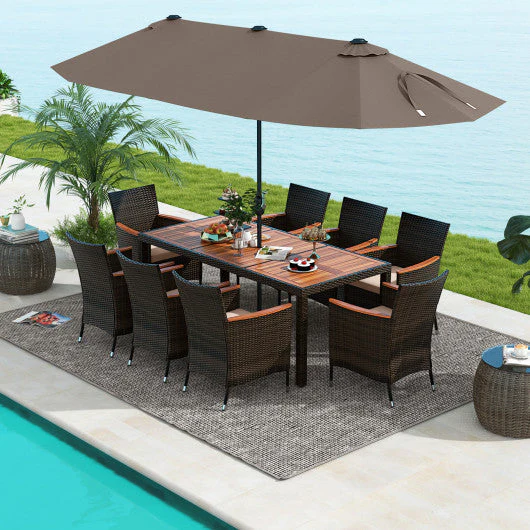 11 Pieces Patio Dining Set With 15 Feet Double-Sided Patio Umbrella and Base-Coffee - Kaedas
