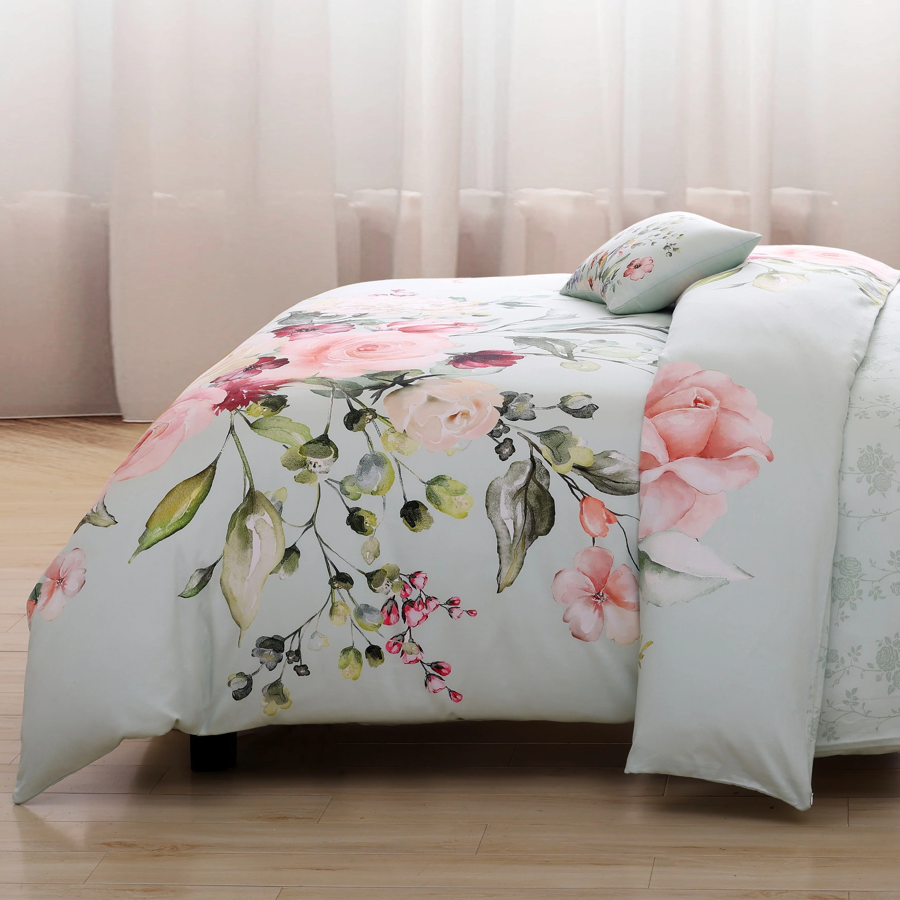 Bebejan Rose on Misty Green 5 Piece Reversible Comforter Set - Kaedas