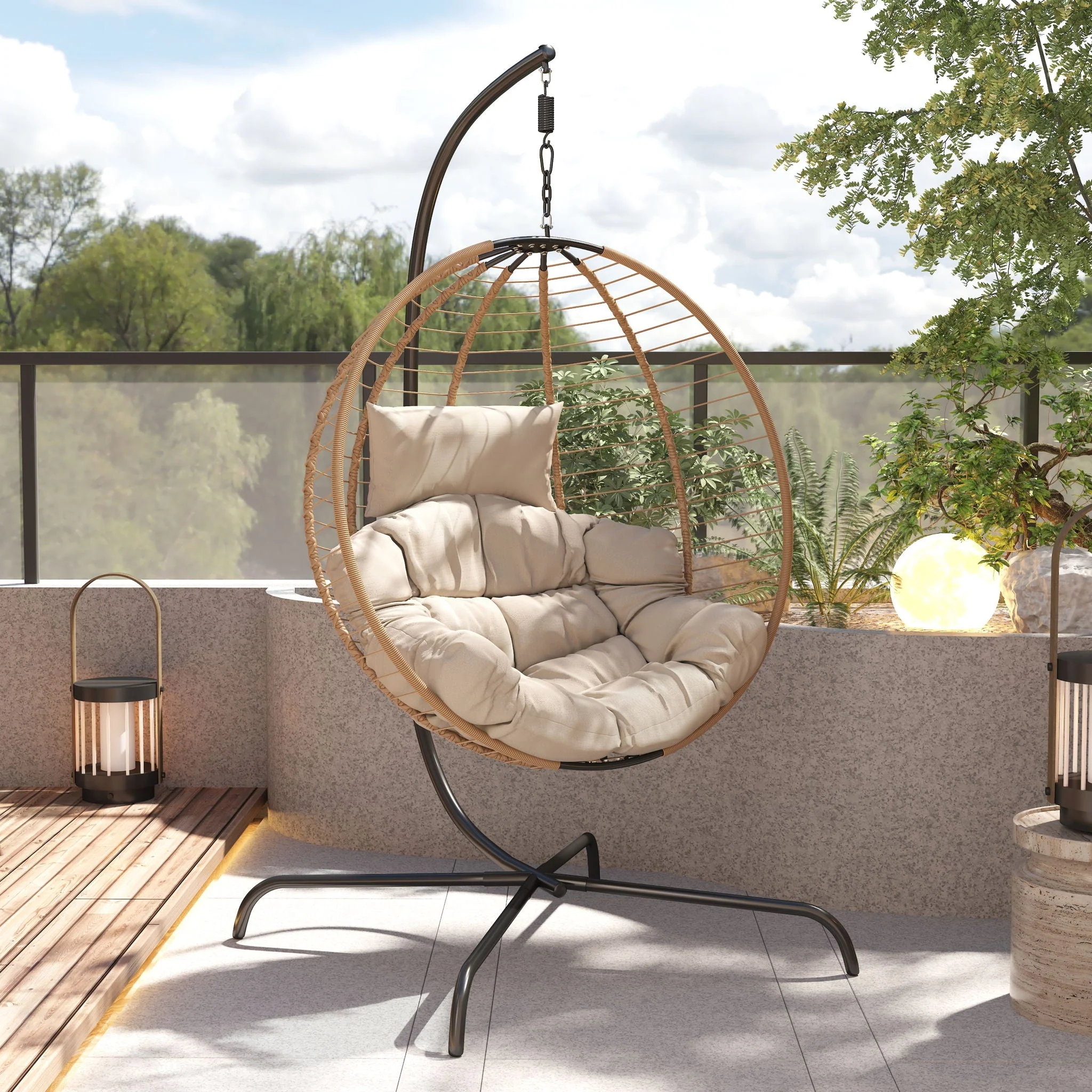 Sora - Outdoor Patio Wicker Hanging Chair With Stand - Beige / Brown - Kaedas