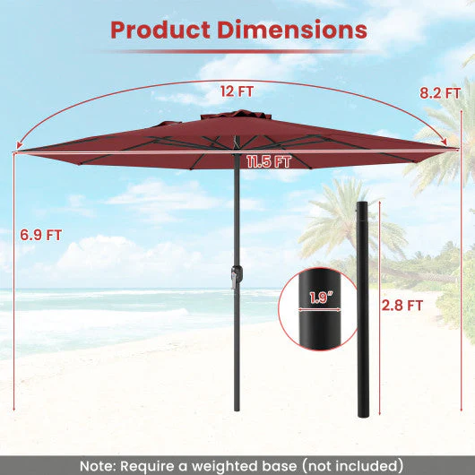 12 Feet Patio Umbrella With Crank Handle and 8 Sturdy Ribs-Red - Kaedas