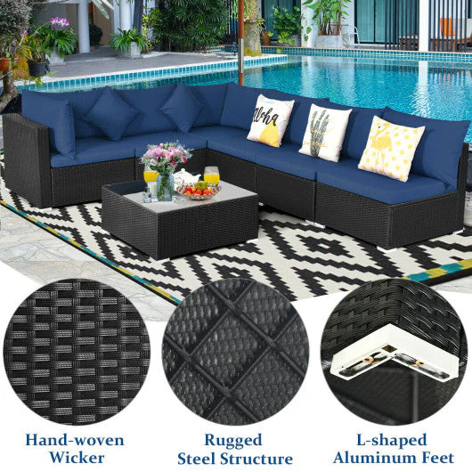 7-Piece Outdoor Sectional Wicker Patio Sofa Set With Tempered Glass Top-Navy - Kaedas
