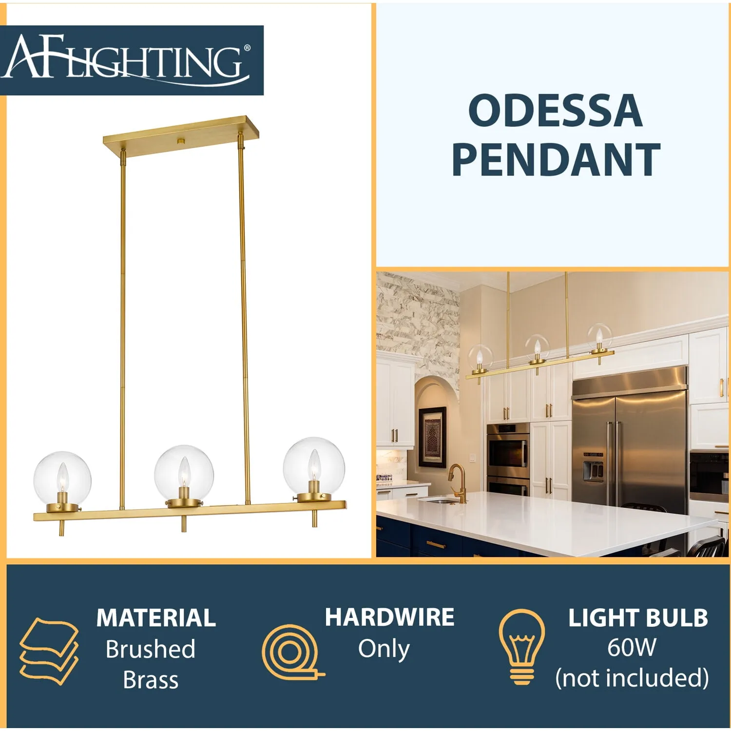 Odessa Modern Brushed Brass 3-Light Pendant - Kaedas