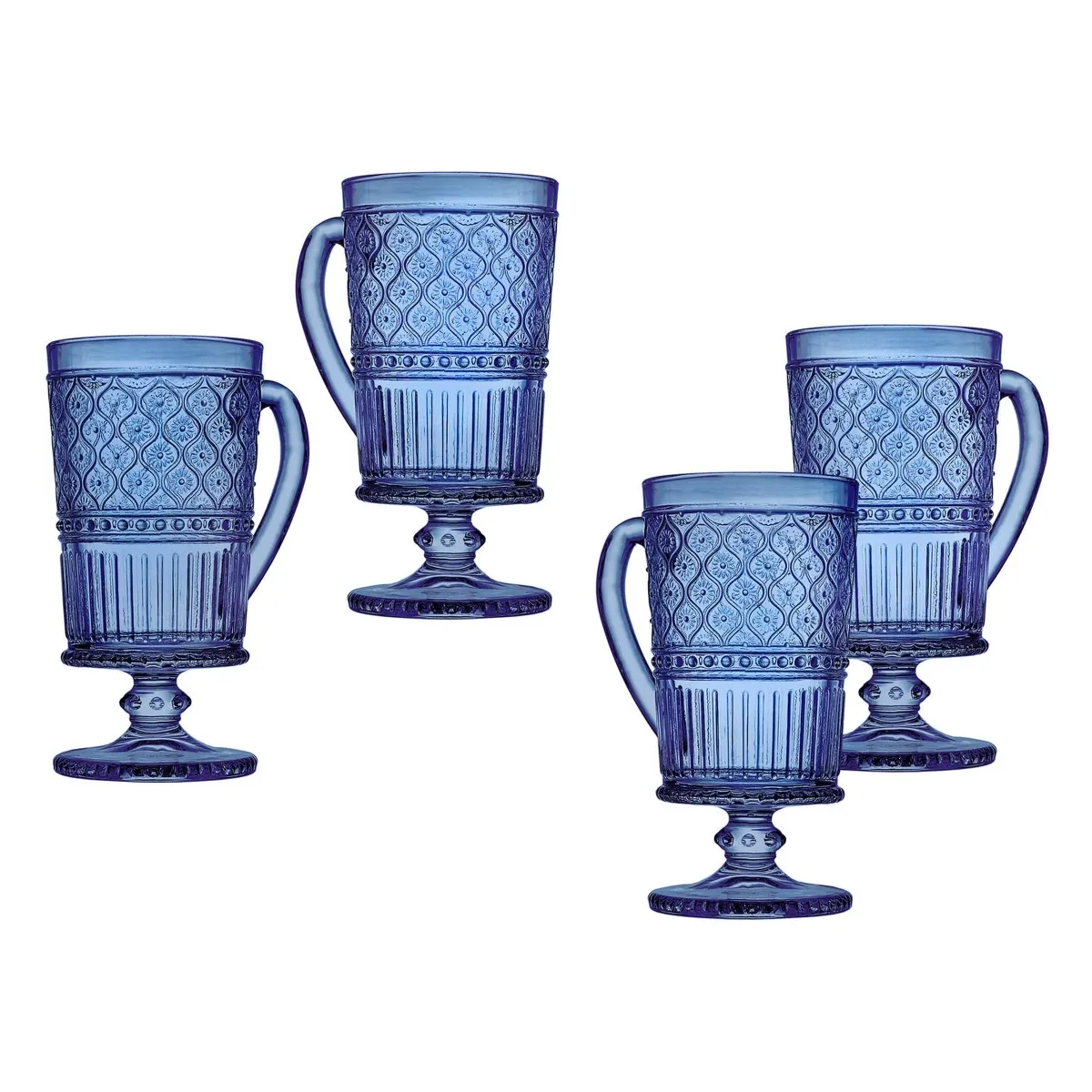 Set of 4 Claro Footed Coffee Mugs - Blue Crystal Drinkware, 12 oz Capacity - Kaedas